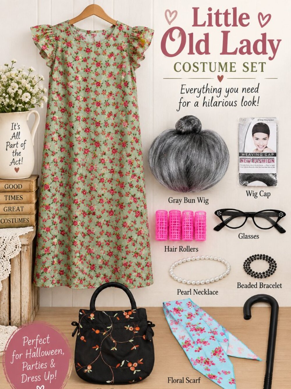 Halloween Girls Little Old Lady Grandma Costume Dress Wig Cane Accessories M